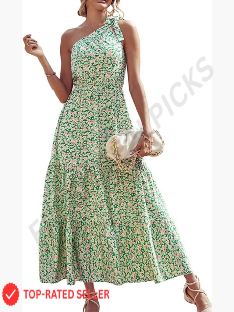 Women's Floral One Shoulder Maxi Dress Boho Ruffle Tiered Sleeveless